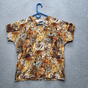 SCRUBS Women Scrub Top S Brown Animal Print Big Cats Whimsical Short Sleeve